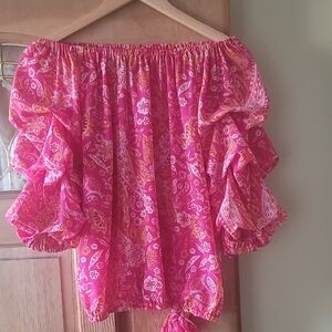 Pink Paisley off-shoulder Puff Sleeves Elastic Bow Tie waist Blouse SZ S